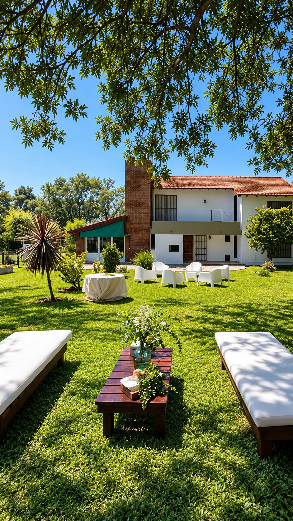 Parque con bancos y la casa al fondo